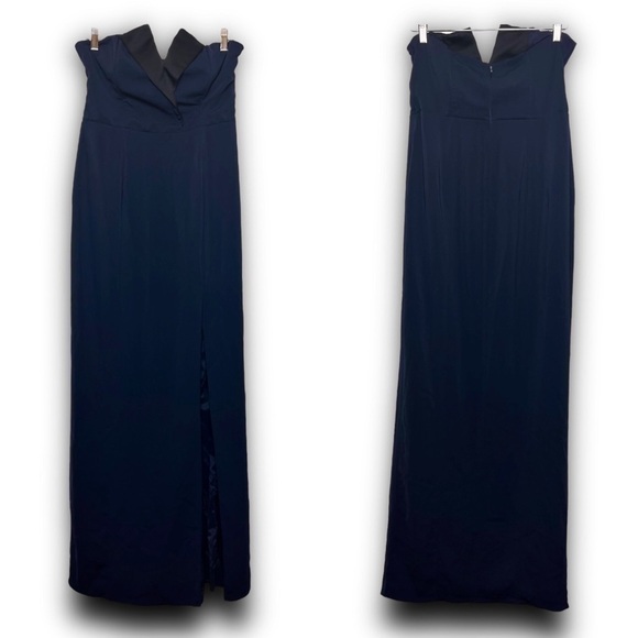 JAY GODFREY Navy Blue Strapless Tuxedo Sleeveless Column Side Slit Maxi Gown 10 - Picture 4 of 7